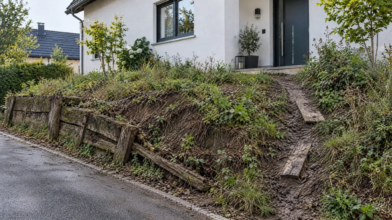 KI-Bild, vorher: abgerutschter Hang mit morschen Bahnschwellen und Trampelpfad