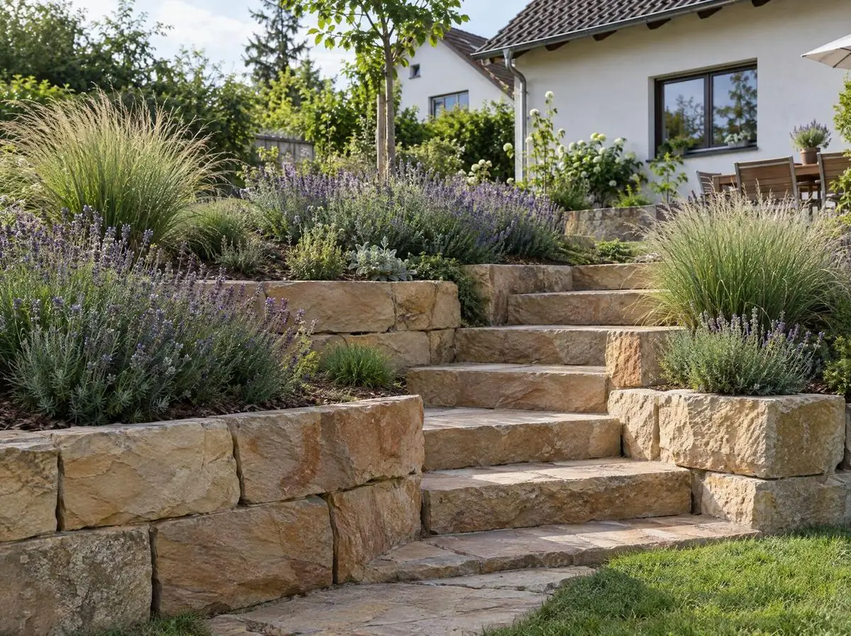 KI-Bild: Stützmauer und Treppe aus Sandsteinblöcken mit Gräsern und Lavendel