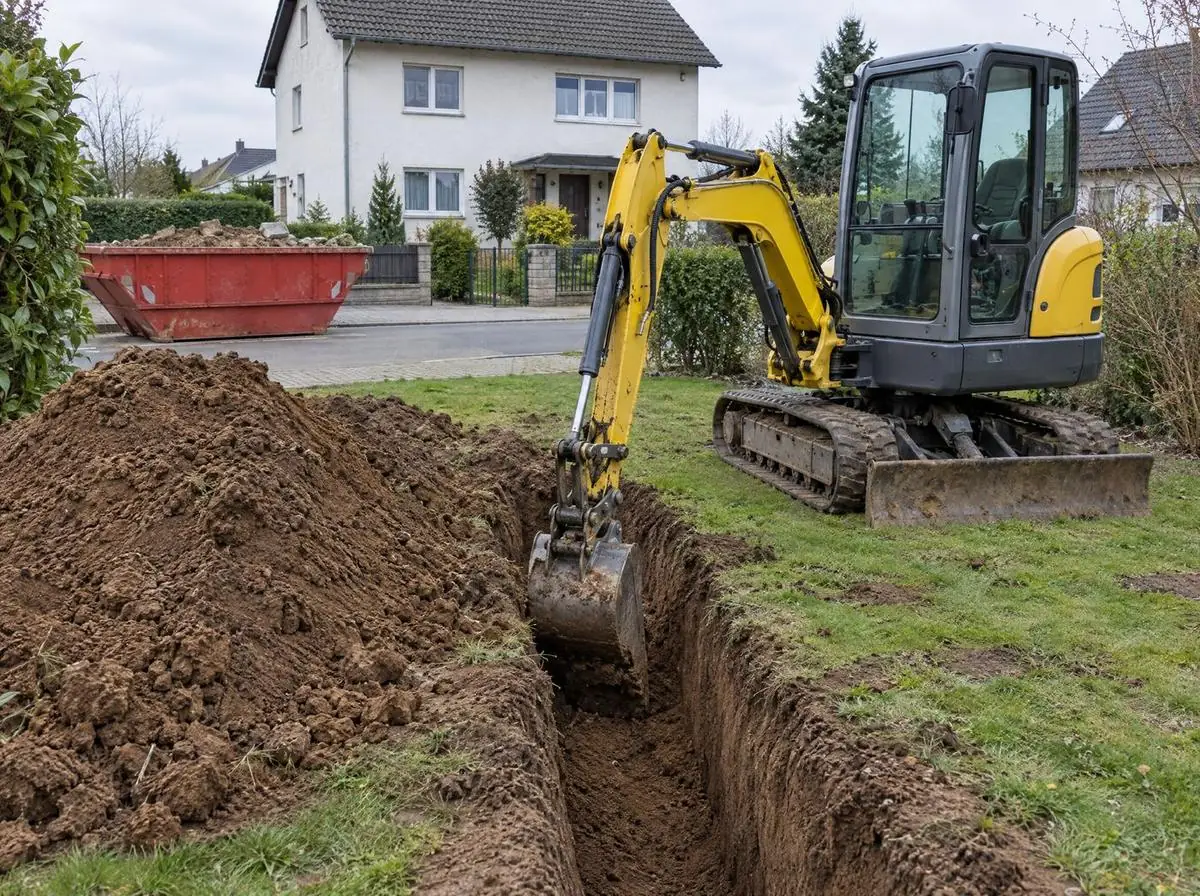 KI-Bild: Minibagger hebt im Garten einen Graben aus, dahinter eine rote Mulde