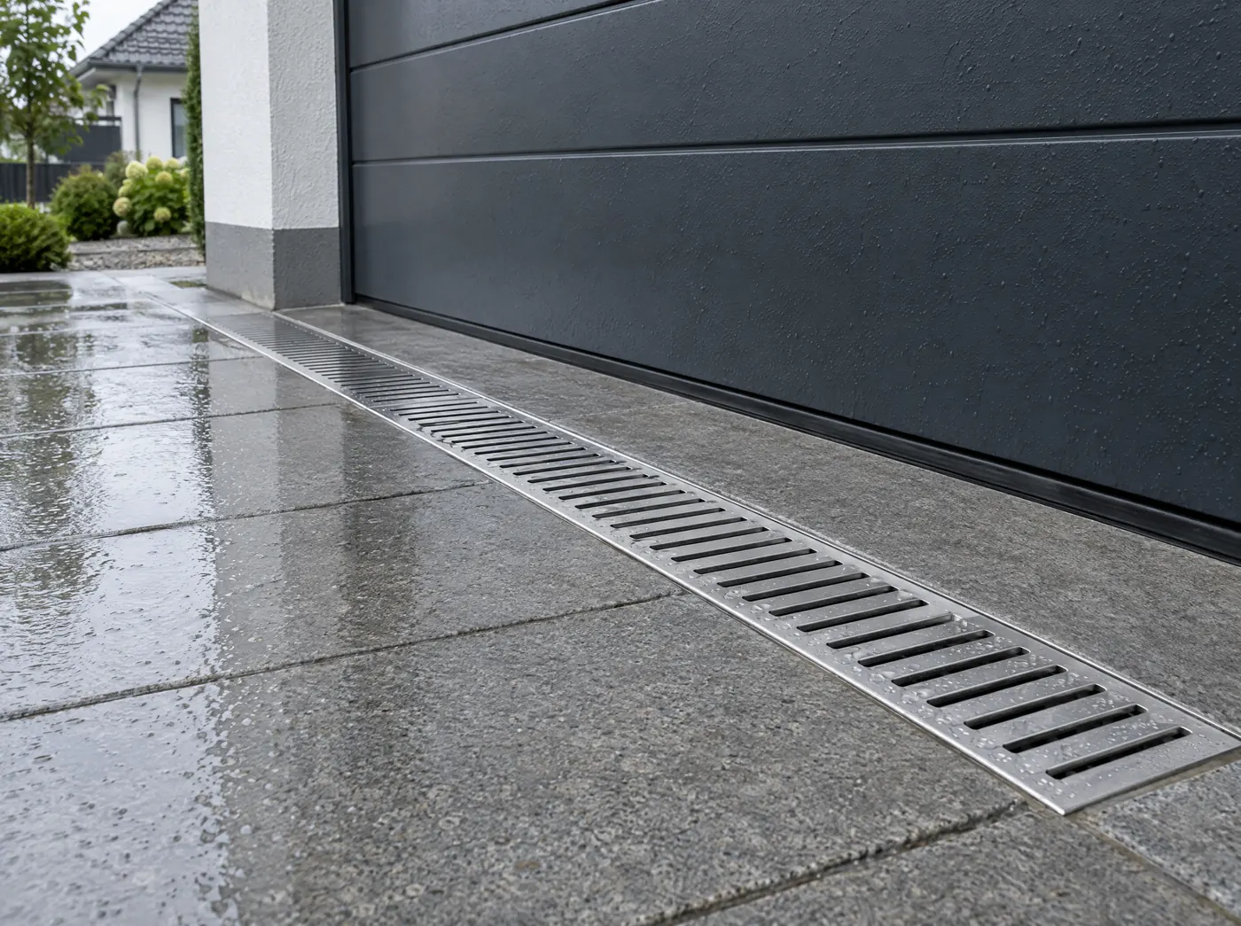 KI-Bild: Entwässerungsrinne mit Metallrost vor dem Garagentor