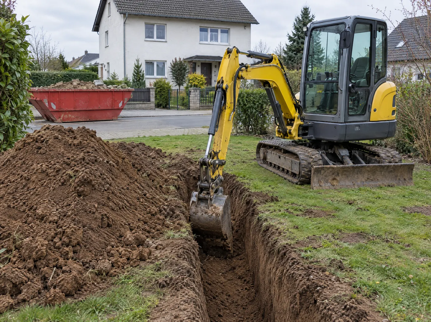 KI-Bild: Minibagger hebt im Garten einen Graben aus, dahinter eine rote Mulde