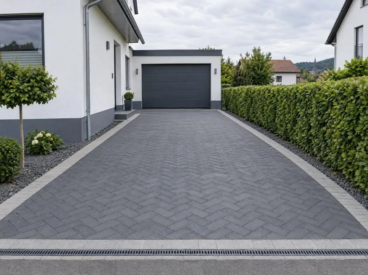 KI-Bild: gepflasterte Einfahrt in Anthrazit im Fischgrätverband mit Rinne vor der Garage
