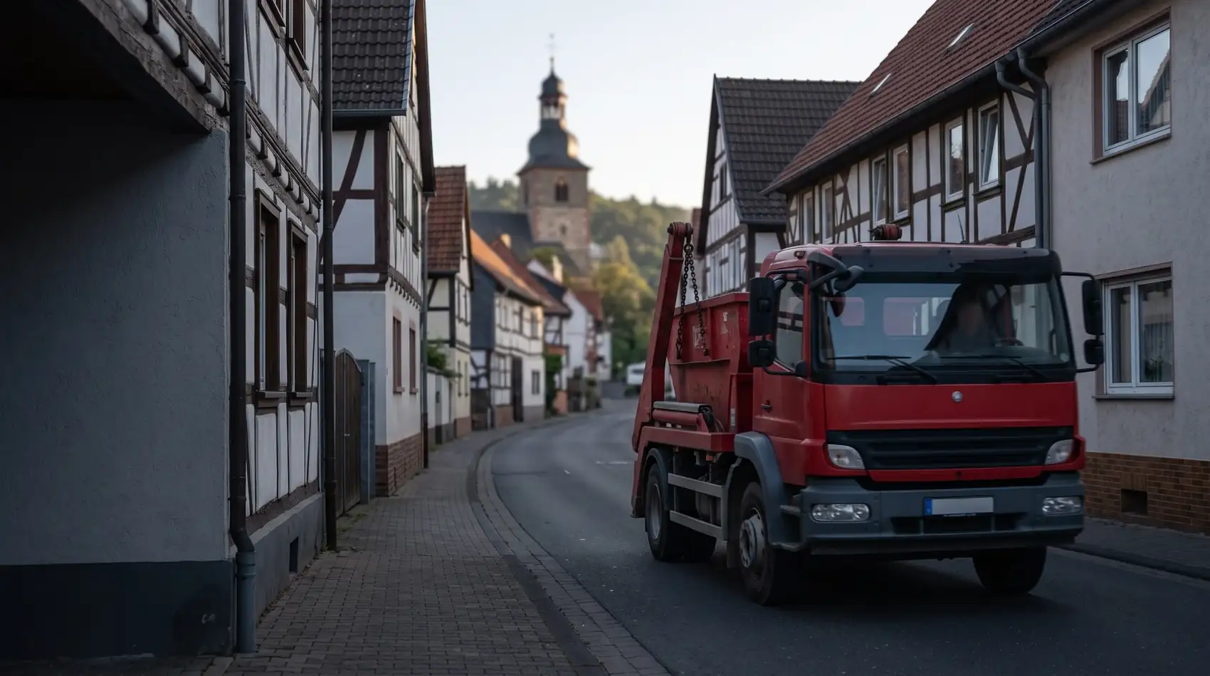 KI-Bild: roter Absetzkipper mit Mulde fährt am Morgen durch eine Dorfstraße mit Fachwerkhäusern, im Hintergrund ein Kirchturm