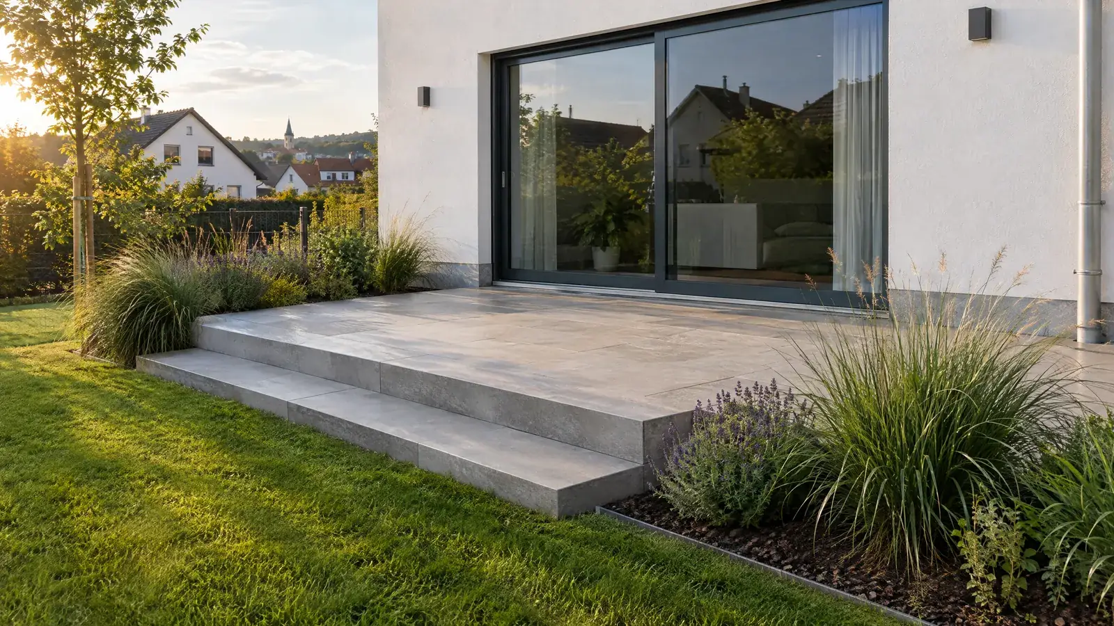 KI-Bild, nachher: neue Terrasse aus großen hellen Platten mit zwei Blockstufen zum Rasen