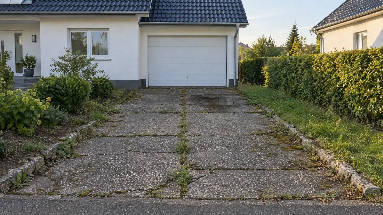 KI-Bild, vorher: alte, gerissene Waschbetonplatten mit Unkraut in den Fugen