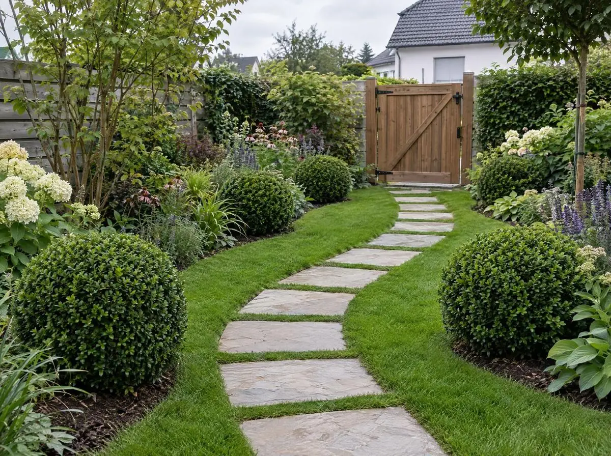 KI-Bild: Gartenweg aus Trittplatten im Rasen bis zum Gartentor