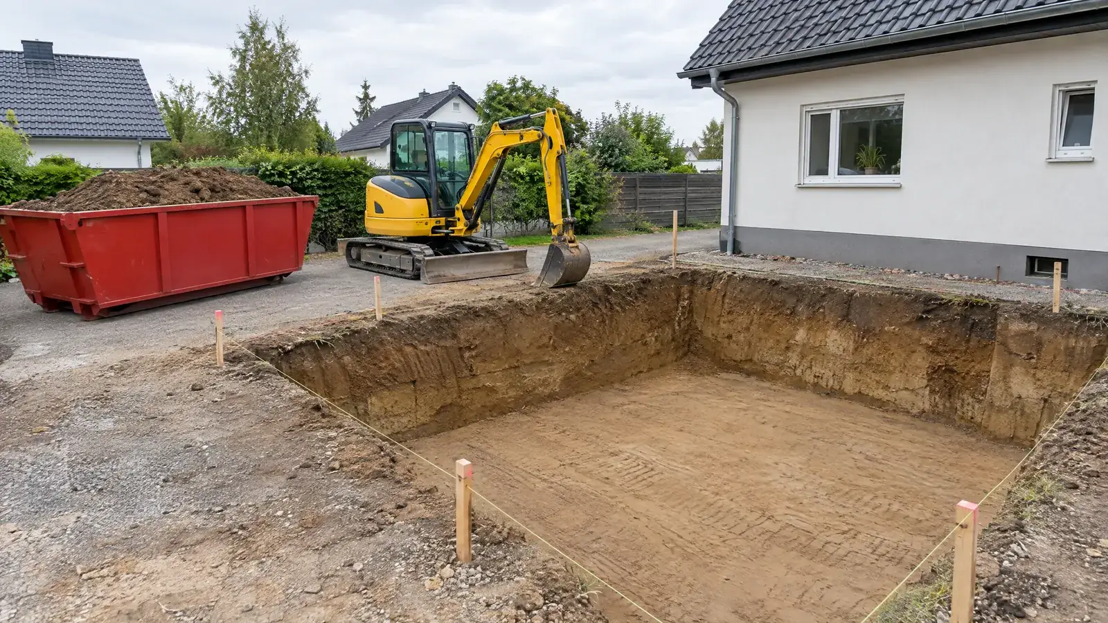 KI-Bild, nachher: ausgehobene Baugrube für den Anbau, Minibagger am Rand, Aushub in der roten Mulde
