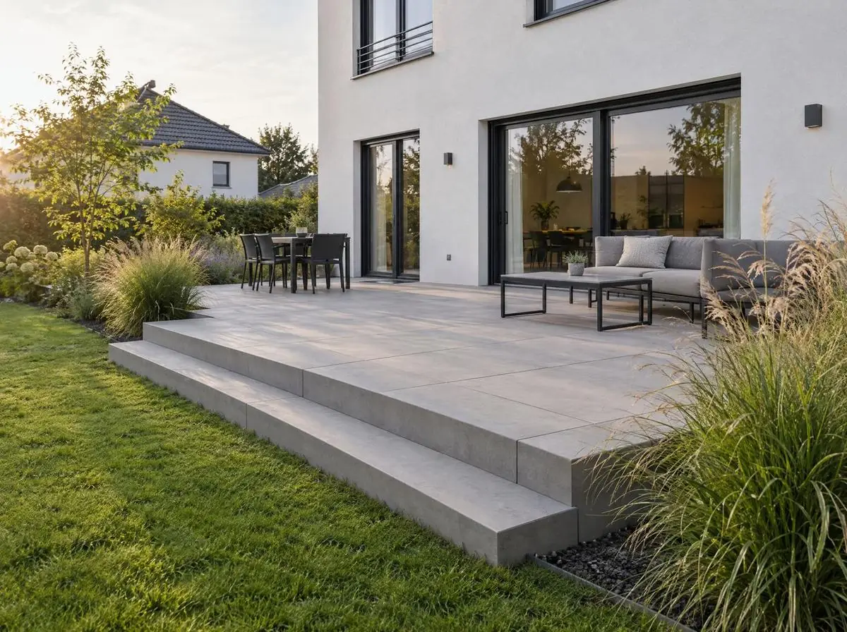 KI-Bild: Terrasse aus großen hellgrauen Platten mit Blockstufen zum Rasen