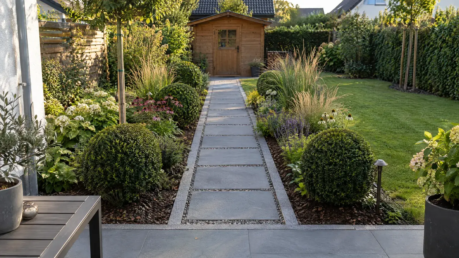 KI-Bild, nachher: Gartenweg aus großen Natursteinplatten mit Einfassung bis zum Gartenhaus