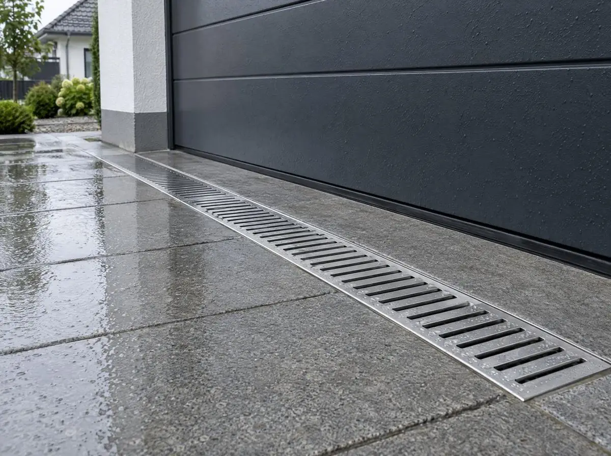KI-Bild: Entwässerungsrinne mit Metallrost vor dem Garagentor